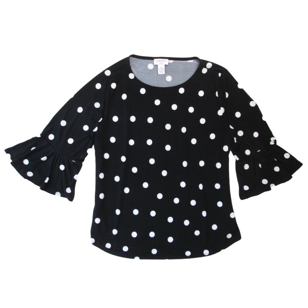 Womens Polka Dots Top 3X Black White Bell Sleeve Stretch Carmen Marc Valvo